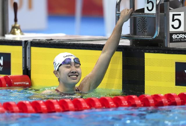 (260924) -- TOKYO, Sept. 24, 2026 (Xinhua) -- Park Sieun of South Korea reacts after the women's 200m breast stroke final at the 20th Asian Games Aichi-Nagoya 2026 in Tokyo, Japan, Sept. 24, 2026. (Photo by Wang Shen/Xinhua)