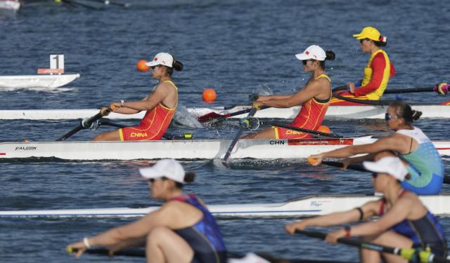 (260924) -- KAIZU, Sept. 24, 2026 (Xinhua) -- Team China competes during the women's pair of Rowing at the 20th Asian Games Aichi-Nagoya 2026 in Kaizu of Gifu Prefecture, Japan, Sept. 24, 2026. (Xinhua/Zhou Mi)