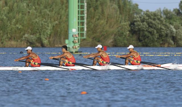 (260924) -- KAIZU, Sept. 24, 2026 (Xinhua) -- Team China competes during the men's Quadruple Sculls final of Rowing at the 20th Asian Games Aichi-Nagoya 2026 in Kaizu of Gifu Prefecture, Japan, Sept. 24, 2026. (Xinhua/Jia Haocheng)