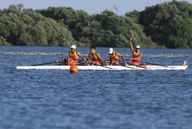 (260924) -- KAIZU, Sept. 24, 2026 (Xinhua) -- Team China are seen after the men's Quadruple Sculls final of Rowing at the 20th Asian Games Aichi-Nagoya 2026 in Kaizu of Gifu Prefecture, Japan, Sept. 24, 2026. (Xinhua/Jia Haocheng)