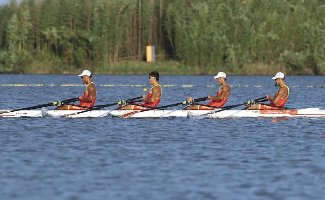 (260924) -- KAIZU, Sept. 24, 2026 (Xinhua) -- Team China competes during the men's Quadruple Sculls final of Rowing at the 20th Asian Games Aichi-Nagoya 2026 in Kaizu of Gifu Prefecture, Japan, Sept. 24, 2026. (Xinhua/Jia Haocheng)