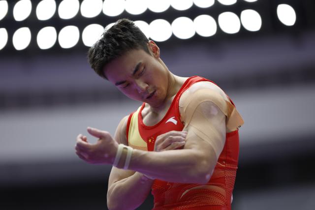 (260924) -- NAGOYA, Sept. 24, 2026 (Xinhua) -- Sun Wei of China reacts during the men's floor exercise final of Artistic Gymnastics at the 20th Asian Games Aichi-Nagoya 2026 in Nagoya, Japan, Sept. 24, 2026. (Xinhua/Wang Lili)