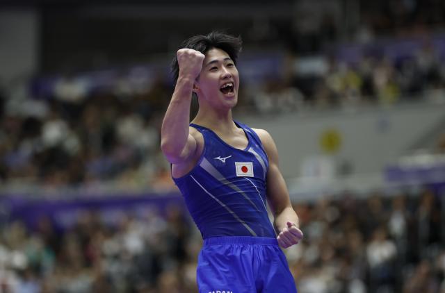 (260924) -- NAGOYA, Sept. 24, 2026 (Xinhua) -- Tsukiyama Shoma of Japan celebrates after the men's floor exercise final of Artistic Gymnastics at the 20th Asian Games Aichi-Nagoya 2026 in Nagoya, Japan, Sept. 24, 2026. (Xinhua/Wang Lili)