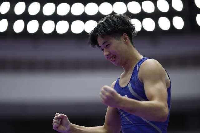 (260924) -- NAGOYA, Sept. 24, 2026 (Xinhua) -- Tsukiyama Shoma of Japan celebrates after the men's floor exercise final of Artistic Gymnastics at the 20th Asian Games Aichi-Nagoya 2026 in Nagoya, Japan, Sept. 24, 2026. (Xinhua/Wang Lili)