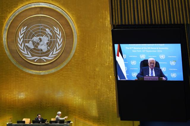 (260924) -- UNITED NATIONS, Sept. 24, 2026 (Xinhua) -- Palestinian President Mahmoud Abbas delivers a speech via video link during the General Debate of the 81st session of the United Nations General Assembly (UNGA) at the UN headquarters in New York, Sept. 24, 2026. (Xinhua/Wu Xiaoling)