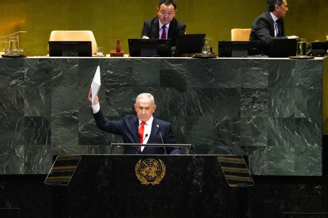 (260924) -- UNITED NATIONS, Sept. 24, 2026 (Xinhua) -- Israeli Prime Minister Benjamin Netanyahu addresses the general debate of the 81st session of the United Nations General Assembly (UNGA) at the UN headquarters in New York, Sept. 24, 2026. Scores of delegates walked out of the United Nations General Assembly hall in protest as Israeli Prime Minister Benjamin Netanyahu took the podium to address the general debate of the 81st session.
Netanyahu used his speech to defend Israel's military actions in Gaza and elsewhere in the region, amid growing international criticism and diplomatic isolation. (Xinhua/Wu Xiaoling)