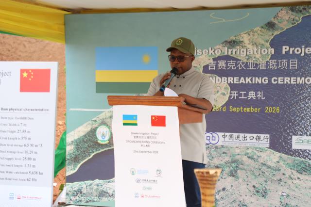 (260924) -- KIGALI, Sept. 24, 2026 (Xinhua) -- Rwandan Minister of Agriculture and Animal Resources Telesphore Ndabamenye delivers a speech during the groundbreaking ceremony for the Giseke Irrigation Project in Gisagara District in Southern Province, Rwanda, on Sept. 23, 2026. TO GO WITH "Rwanda, China launch 47-mln-USD irrigation project to boost agricultural transformation" (Xinhua/Liu Youmin)