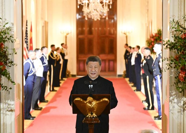 (260924) -- WASHINGTON, Sept. 24, 2026 (Xinhua) -- Chinese President Xi Jinping addresses a welcome banquet at the White House in Washington, D.C., the United States, Sept. 24, 2026. Xi on Thursday attended a welcome banquet held by U.S. President Donald Trump at the White House. (Xinhua/Shen Hong)