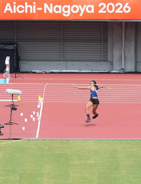 (260925) -- NAGOYA, Sept. 25, 2026 (Xinhua) -- Pooja of India competes during the women's heptathlon javelin throw of Athletics at the 20th Asian Games Aichi-Nagoya 2026 in Nagoya, Japan, Sept. 25, 2026. (Xinhua/Luo Yuan)