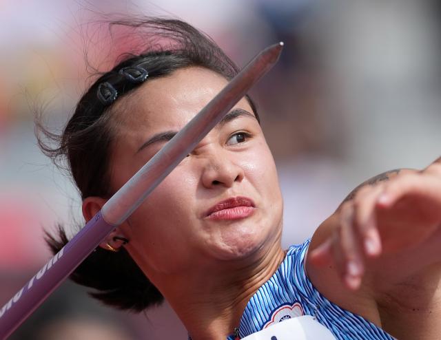 (260925) -- NAGOYA, Sept. 25, 2026 (Xinhua) -- Chen Cai-juan of Chinese Taipei competes during the women's heptathlon javelin throw of Athletics at the 20th Asian Games Aichi-Nagoya 2026 in Nagoya, Japan, Sept. 25, 2026. (Xinhua/Luo Yuan)