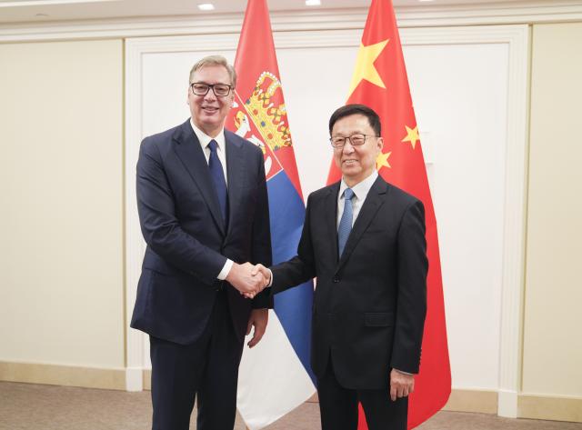 (260925) -- NEW YORK, Sept. 25, 2026 (Xinhua) -- Chinese Vice President Han Zheng meets with Serbian President Aleksandar Vucic on the sidelines of the 81st session of the United Nations General Assembly in New York, the United States, on Sept. 24, 2026. (Xinhua/Zhang Fengguo)