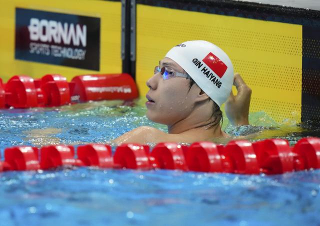 (260925) -- TOKYO, Sept. 25, 2026 (Xinhua) -- Qin Haiyang of China reacts after the men's 50m breaststroke final at the 20th Asian Games Aichi-Nagoya 2026 in Tokyo, Japan, Sept. 25, 2026. (Xinhua/Chen Zeguo)