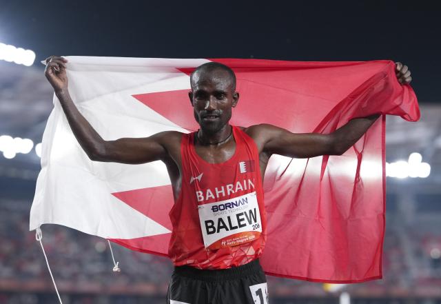 (260925) -- NAGOYA, Sept. 25, 2026 (Xinhua) -- Birhanu Balew of Bahrain celebrates after the men's 10000m final of athletics at the 20th Asian Games Aichi-Nagoya 2026 in Nagoya, Japan, Sept. 25, 2026. (Xinhua/Lui Siu Wai)