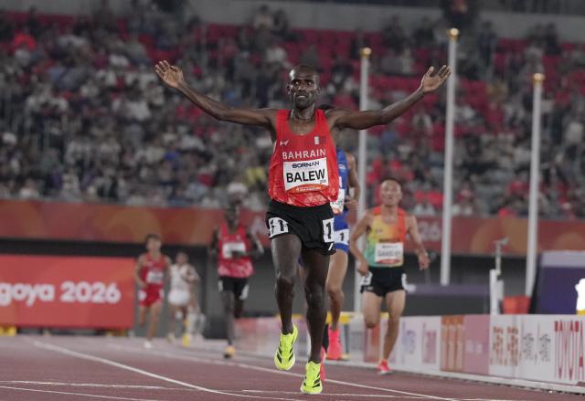 (260925) -- NAGOYA, Sept. 25, 2026 (Xinhua) -- Birhanu Balew of Bahrain celebrates after the men's 10000m final of athletics at the 20th Asian Games Aichi-Nagoya 2026 in Nagoya, Japan, Sept. 25, 2026. (Xinhua/Lui Siu Wai)