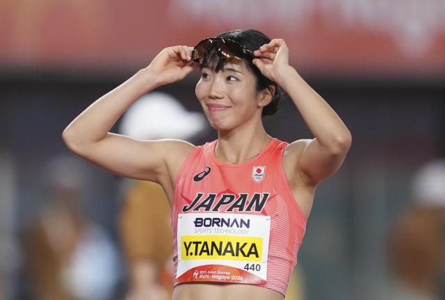 (260925) -- NAGOYA, Sept. 25, 2026 (Xinhua) -- Tanaka Yuri of Japan reacts after the women's heptathlon 800m of Athletics at the 20th Asian Games Aichi-Nagoya 2026 in Nagoya, Japan, Sept. 25, 2026. (Xinhua/Jia Yuchen)