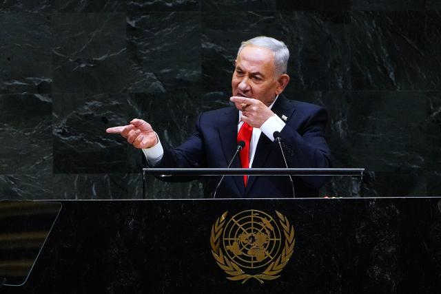 (260925) -- UNITED NATIONS, Sept. 25, 2026 (Xinhua) -- Israeli Prime Minister Benjamin Netanyahu addresses the general debate of the 81st session of the United Nations General Assembly (UNGA) at the UN headquarters in New York, Sept. 24, 2026. Scores of delegates walked out of the United Nations General Assembly hall in protest as Israeli Prime Minister Benjamin Netanyahu took the podium to address the general debate of the 81st session.
  Netanyahu used his speech to defend Israel's military actions in Gaza and elsewhere in the region, amid growing international criticism and diplomatic isolation. (Xinhua/Wu Xiaoling)