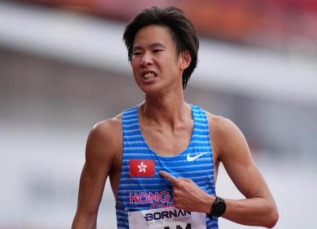 (260926) -- NAGOYA, Sept. 26, 2026 (Xinhua) -- Lam Vincent Leslie of China's Hong Kong reacts after the men's marathon final of Athletics at the 20th Asian Games Aichi-Nagoya 2026 in Nagoya, Japan, Sept. 26, 2026. (Xinhua/Lui Siu Wai)
