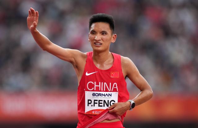(260926) -- NAGOYA, Sept. 26, 2026 (Xinhua) -- Feng Peiyou of China reacts after the men's marathon final of Athletics at the 20th Asian Games Aichi-Nagoya 2026 in Nagoya, Japan, Sept. 26, 2026. (Xinhua/Lui Siu Wai)