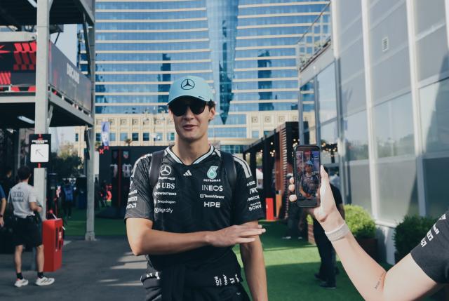 (260927) -- BAKU, Sept. 27, 2026 (Xinhua) -- Mercedes' driver George Russell of Britain receives interview ahead of the Formula One Azerbaijan Grand Prix at the Baku City Circuit in Baku, on Sept. 26, 2026. (Xinhua/Chen Junfeng)