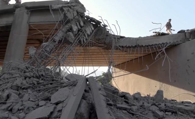 (260927) -- IBB, Sept. 27, 2026 (Xinhua) -- This video screenshot provided by Houthi Media Center shows a bridge damaged following an alleged Saudi airstrike in Yemen's Ibb province on Sept. 26, 2026.
  Yemen's Houthi military spokesperson Yahya Sarea said Saturday that Saudi warplanes had carried out 27 airstrikes across six Yemeni provinces over the previous 24 hours.
  In a statement on X, Sarea said F-15 and Typhoon fighter jets operating from air bases in Khamis Mushait and Taif in Saudi Arabia struck areas in Taiz, Marib, Saada, Amran, Ibb and Hajjah. (Houthi Media Center/Handout via Xinhua)