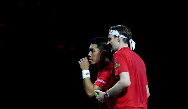 (260927) -- LONDON, Sept. 27, 2026 (Xinhua) -- Team World's Alexander Bublik/Brandon Nakashima (L) react in the doubles match against Team Europe's Alexander Zverev/Casper Ruud during the Laver Cup tennis tournament between Team World and Team Europe in London, Britain, on Sept. 26, 2026. (Xinhua/Li Ying)