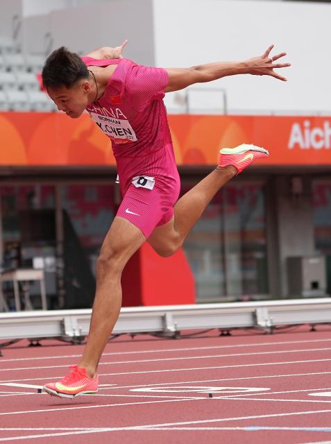 (260927) -- NAGOYA, Sept. 27, 2026 (Xinhua) -- Chen Xinghua of China crosses the finish line during the men's decathlon 110m hurdles of athletics at the 20th Asian Games Aichi-Nagoya 2026 in Nagoya, Japan, Sept. 27, 2026. (Xinhua/Lui Siu Wai)