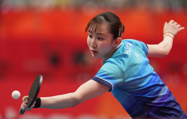 (260927) -- TOYOTA, Sept. 27, 2026 (Xinhua) -- Hayata Hina competes during the women's singles semifinal table tennis match between Sun Yingsha of China and Hayata Hina of Japan at the 20th Asian Games Aichi-Nagoya 2026 in Toyota of Aichi Prefecture, Japan, Sept. 27, 2026. (Xinhua/Wang Fei)