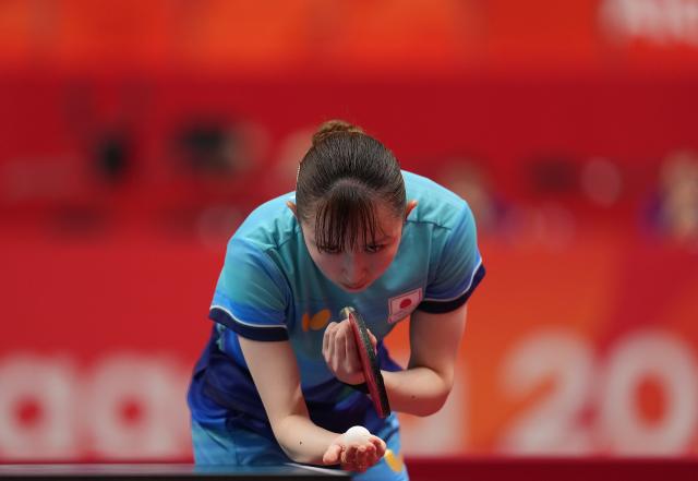 (260927) -- TOYOTA, Sept. 27, 2026 (Xinhua) -- Hayata Hina competes during the women's singles semifinal table tennis match between Sun Yingsha of China and Hayata Hina of Japan at the 20th Asian Games Aichi-Nagoya 2026 in Toyota of Aichi Prefecture, Japan, Sept. 27, 2026. (Xinhua/Wang Fei)