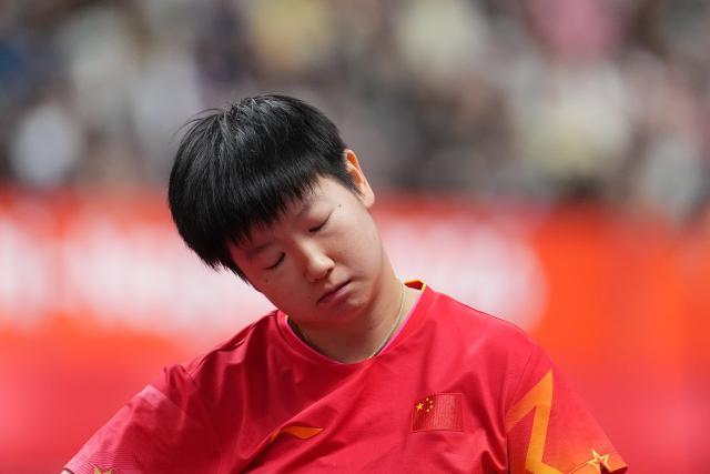 (260927) -- TOYOTA, Sept. 27, 2026 (Xinhua) -- Sun Yingsha reacts during the women's singles semifinal table tennis match between Sun Yingsha of China and Hayata Hina of Japan at the 20th Asian Games Aichi-Nagoya 2026 in Toyota of Aichi Prefecture, Japan, Sept. 27, 2026. (Xinhua/Cheong Kam Ka)