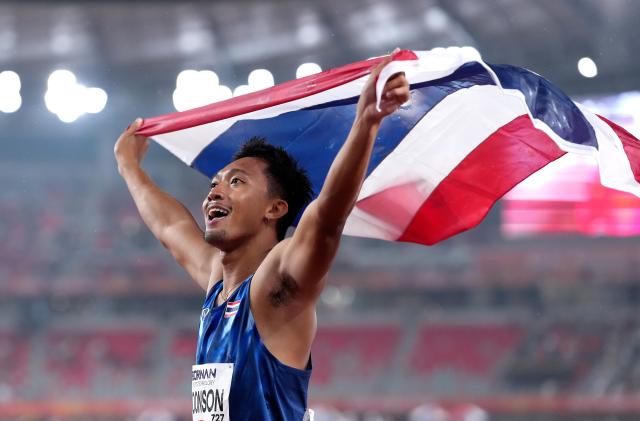 (260927) -- NAGOYA, Sept. 27, 2026 (Xinhua) -- Puripol Boonson of Thailand celebrates after the men's 200m final match of Athletics at the 20th Asian Games Aichi-Nagoya 2026 in Nagoya, Japan, Sept. 27, 2026. (Xinhua/Jia Yuchen)