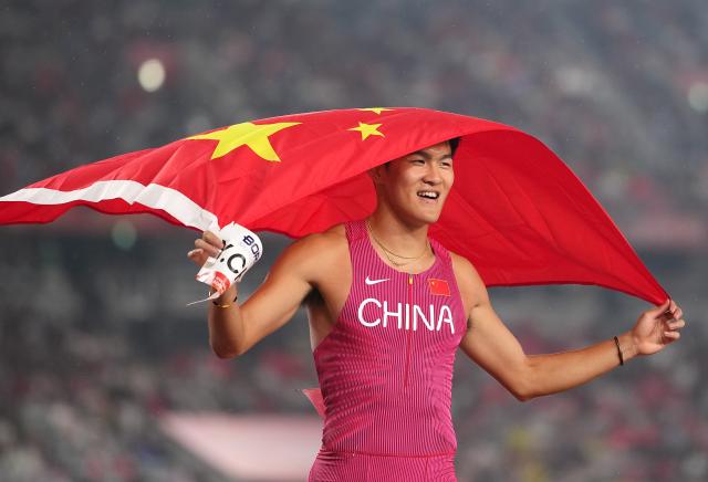 (260927) -- NAGOYA, Sept. 27, 2026 (Xinhua) -- Chen Yuanjiang of China celebrates after winning the men's 110m hurdles final of Athletics at the 20th Asian Games Aichi-Nagoya 2026 in Nagoya, Japan, Sept. 27, 2026. (Xinhua/Lui Siu Wai)