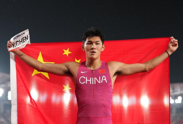 (260927) -- NAGOYA, Sept. 27, 2026 (Xinhua) -- Chen Yuanjiang of China celebrates after winning the men's 110m hurdles final of Athletics at the 20th Asian Games Aichi-Nagoya 2026 in Nagoya, Japan, Sept. 27, 2026. (Xinhua/Lui Siu Wai)