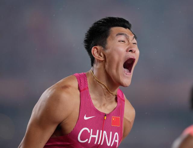 (260927) -- NAGOYA, Sept. 27, 2026 (Xinhua) -- Chen Yuanjiang of China reacts after the men's 110m hurdles final of Athletics at the 20th Asian Games Aichi-Nagoya 2026 in Nagoya, Japan, Sept. 27, 2026. (Xinhua/Lui Siu Wai)