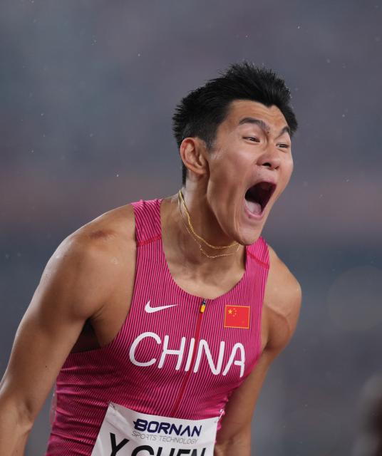 (260927) -- NAGOYA, Sept. 27, 2026 (Xinhua) -- Chen Yuanjiang of China reacts after the men's 110m hurdles final of Athletics at the 20th Asian Games Aichi-Nagoya 2026 in Nagoya, Japan, Sept. 27, 2026. (Xinhua/Lui Siu Wai)