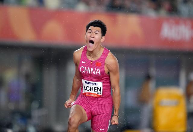 (260927) -- NAGOYA, Sept. 27, 2026 (Xinhua) -- Chen Yuanjiang of China reacts after the men's 110m hurdles final of Athletics at the 20th Asian Games Aichi-Nagoya 2026 in Nagoya, Japan, Sept. 27, 2026. (Xinhua/Jia Yuchen)
