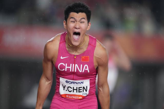 (260927) -- NAGOYA, Sept. 27, 2026 (Xinhua) -- Chen Yuanjiang of China reacts after the men's 110m hurdles final of Athletics at the 20th Asian Games Aichi-Nagoya 2026 in Nagoya, Japan, Sept. 27, 2026. (Xinhua/Jia Yuchen)