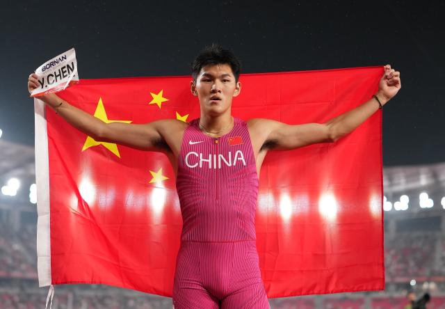 (260927) -- NAGOYA, Sept. 27, 2026 (Xinhua) -- Chen Yuanjiang of China celebrates after winning the men's 110m hurdles final of Athletics at the 20th Asian Games Aichi-Nagoya 2026 in Nagoya, Japan, Sept. 27, 2026. (Xinhua/Lui Siu Wai)