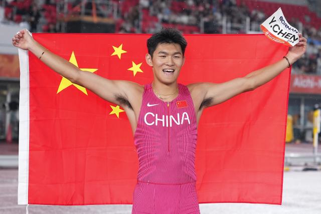 (260927) -- NAGOYA, Sept. 27, 2026 (Xinhua) -- Chen Yuanjiang of China celebrates after the men's 110m hurdles final of Athletics at the 20th Asian Games Aichi-Nagoya 2026 in Nagoya, Japan, Sept. 27, 2026. (Xinhua/Luo Yuan)