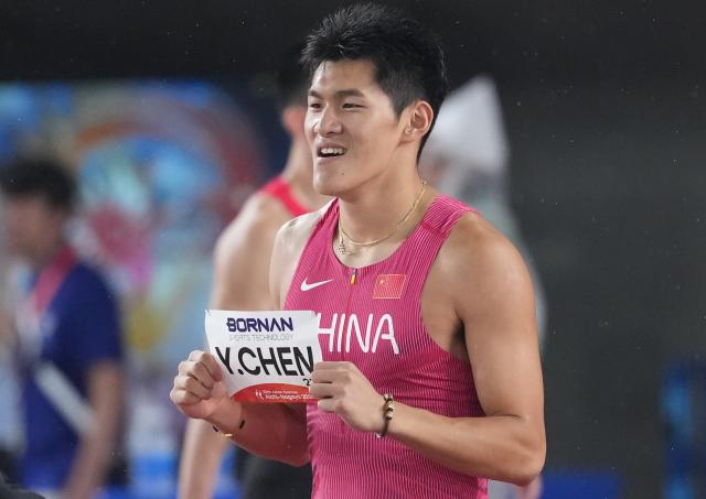 (260927) -- NAGOYA, Sept. 27, 2026 (Xinhua) -- Chen Yuanjiang of China reacts after the men's 110m hurdles final of Athletics at the 20th Asian Games Aichi-Nagoya 2026 in Nagoya, Japan, Sept. 27, 2026. (Xinhua/Luo Yuan)