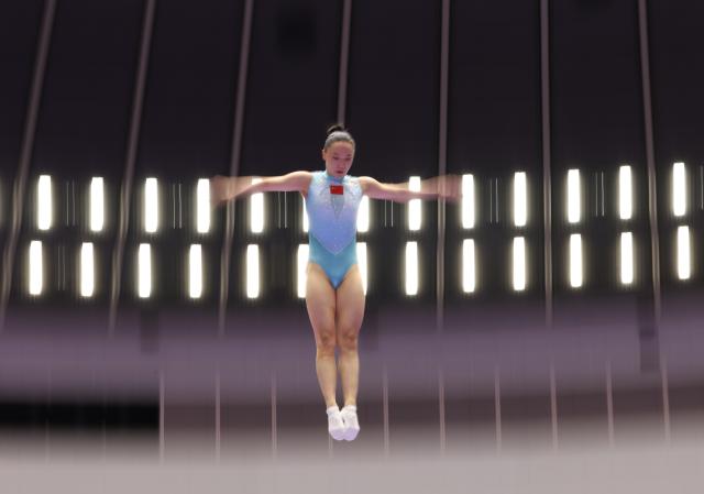 (260927) -- NAGOYA, Sept. 27, 2026 (Xinhua) -- Zhu Xueying of China competes during the women's final match of Trampoline Gymnastics at the 20th Asian Games Aichi-Nagoya 2026 in Nagoya, Japan, Sept. 27, 2026. (Xinhua/Xu Yanan)