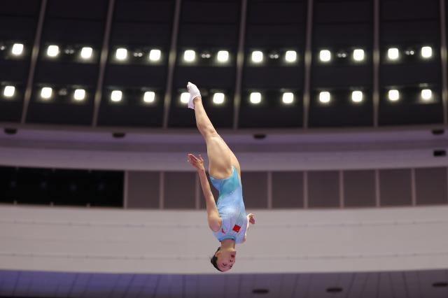 (260927) -- NAGOYA, Sept. 27, 2026 (Xinhua) -- Zhu Xueying of China competes during the women's final match of Trampoline Gymnastics at the 20th Asian Games Aichi-Nagoya 2026 in Nagoya, Japan, Sept. 27, 2026. (Xinhua/Xu Yanan)