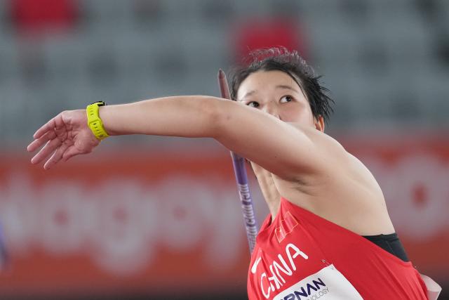 (260927) -- NAGOYA, Sept. 27, 2026 (Xinhua) -- Dai Qianqian of China competes during the women's javelin throw final of Athletics at the 20th Asian Games Aichi-Nagoya 2026 in Nagoya, Japan, Sept. 27, 2026. (Xinhua/Luo Yuan)