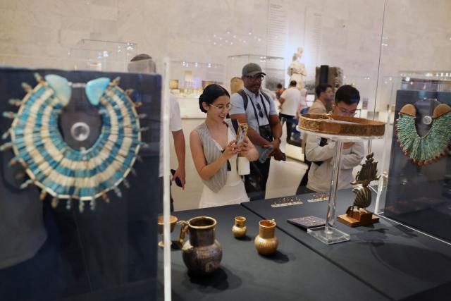 (260927) -- CAIRO, Sept. 27, 2026 (Xinhua) -- Tourists view exhibits at the National Museum of Egyptian Civilization on the occasion of World Tourism Day in Cairo, Egypt, on Sept. 27, 2026. (Xinhua/Ahmed Gomaa)