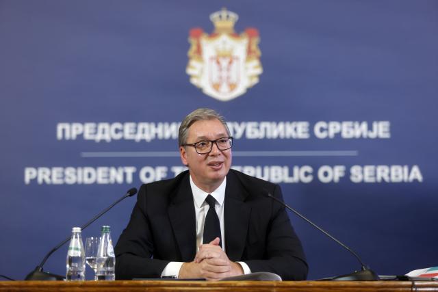 (260927) -- BELGRADE, Sept. 27, 2026 (Xinhua) -- Serbian president Aleksandar Vucic speaks during a press conference in Belgrade, Serbia, Sept. 27, 2026. Aleksandar Vucic signed and submitted his resignation on Sunday, stepping down as president. (Photo by Predrag Milosavljevic/Xinhua)