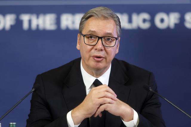 (260927) -- BELGRADE, Sept. 27, 2026 (Xinhua) -- Serbian president Aleksandar Vucic speaks during a press conference in Belgrade, Serbia, Sept. 27, 2026. Aleksandar Vucic signed and submitted his resignation on Sunday, stepping down as president. (Photo by Predrag Milosavljevic/Xinhua)