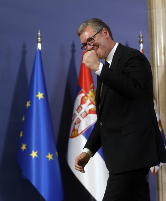 (260927) -- BELGRADE, Sept. 27, 2026 (Xinhua) -- Serbian president Aleksandar Vucic attends a press conference in Belgrade, Serbia, Sept. 27, 2026. Aleksandar Vucic signed and submitted his resignation on Sunday, stepping down as president. (Photo by Predrag Milosavljevic/Xinhua)