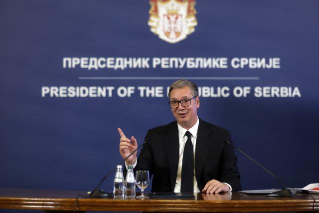 (260927) -- BELGRADE, Sept. 27, 2026 (Xinhua) -- Serbian president Aleksandar Vucic speaks during a press conference in Belgrade, Serbia, Sept. 27, 2026. Aleksandar Vucic signed and submitted his resignation on Sunday, stepping down as president. (Photo by Predrag Milosavljevic/Xinhua)