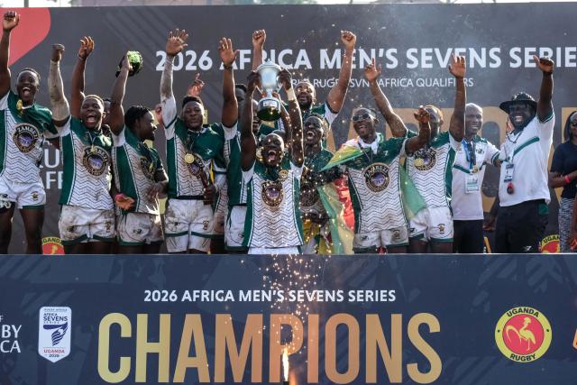 (260928) -- KAMPALA, Sept. 28, 2026 (Xinhua) -- Players of Zimbabwe celebrate after defeating Uganda in the 2026 Rugby Africa Men's Sevens Series final match between Uganda and Zimbabwe in Kampala, Uganda, on Sept. 27, 2026. (Photo by Hajarah Nalwadda/Xinhua)