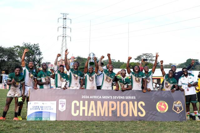 (260928) -- KAMPALA, Sept. 28, 2026 (Xinhua) -- Players of Zimbabwe celebrate after defeating Uganda in the 2026 Rugby Africa Men's Sevens Series final match between Uganda and Zimbabwe in Kampala, Uganda, on Sept. 27, 2026. (Photo by Hajarah Nalwadda/Xinhua)