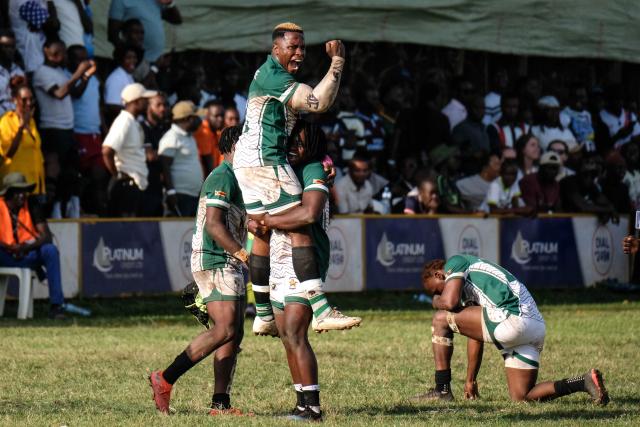 (260928) -- KAMPALA, Sept. 28, 2026 (Xinhua) -- Players of Zimbabwe celebrate after defeating Uganda in the 2026 Rugby Africa Men's Sevens Series final match between Uganda and Zimbabwe in Kampala, Uganda, on Sept. 27, 2026. (Photo by Hajarah Nalwadda/Xinhua)